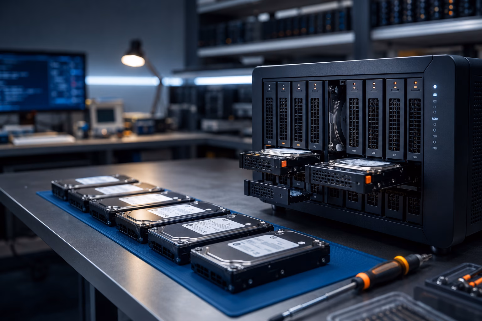 RAID- und NAS-System mit ausgebauten Festplatten auf einer Arbeitsstation im Datenrettungslabor