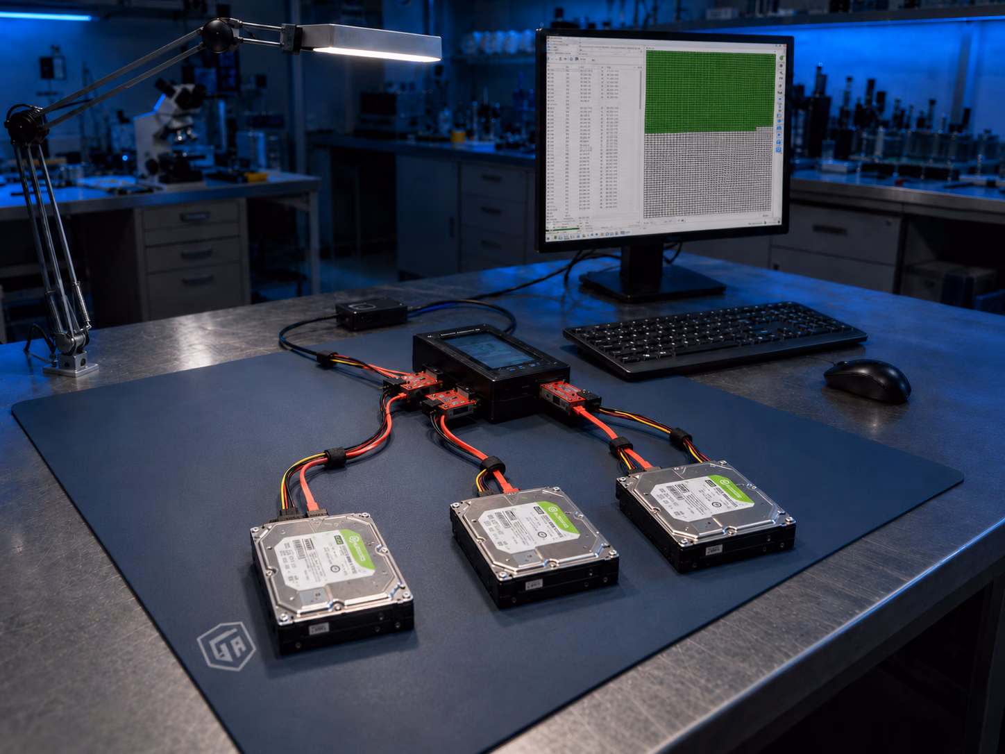 Drei gleich ausgerichtete Festplatten sind &uuml;ber SATA- und Stromkabel mit einem PC-3000-Diagnoseger&auml;t auf einer ESD-Matte an einem Laborarbeitstisch verbunden, daneben ein Monitor mit Datenrettungssoftware.