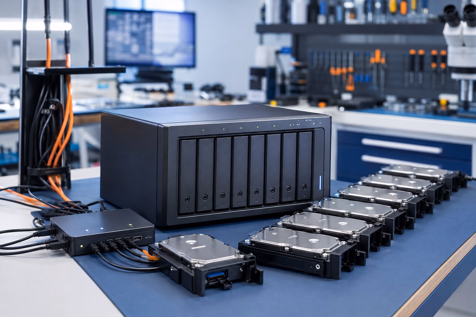 NAS-System und geordnet entnommene Festplatten bei der Datenrettungsanalyse im Labor
