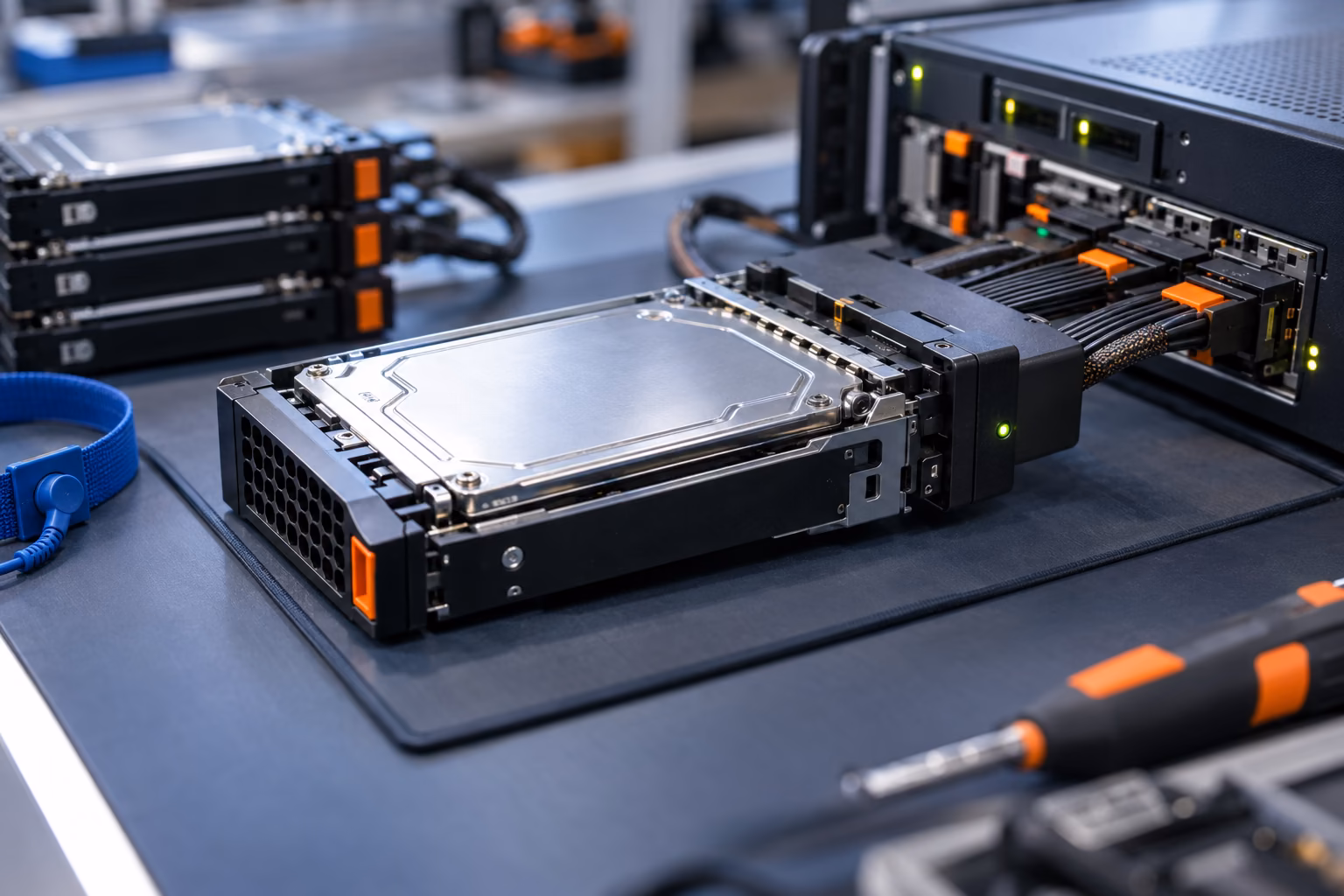 SAS-Festplatte aus einem Server bei der kontrollierten Prüfung am Imaging-Arbeitsplatz